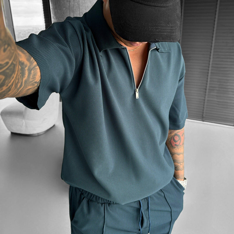 Men's Suits New Zipper Polo Casual Short Sleeve Drawstring Shorts