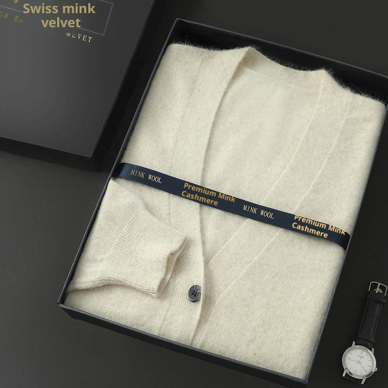 Mink Wool Men V-neck Thickened Sweater Loose Cardigan