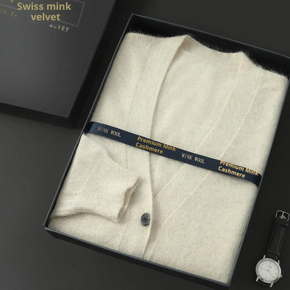 Mink Wool Men V-neck Thickened Sweater Loose Cardigan