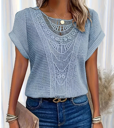Hollow Out Short-sleeved T-shirt Fashion Ethnic Style Tops Women's Clothing