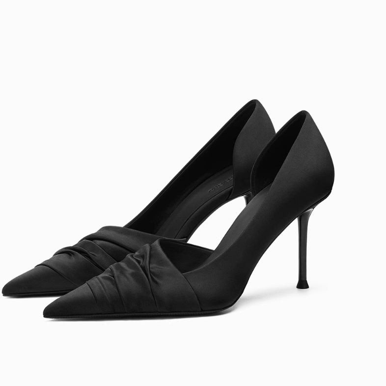 Black Cloth Satin Side Empty High Heels Lining material from sheepskin