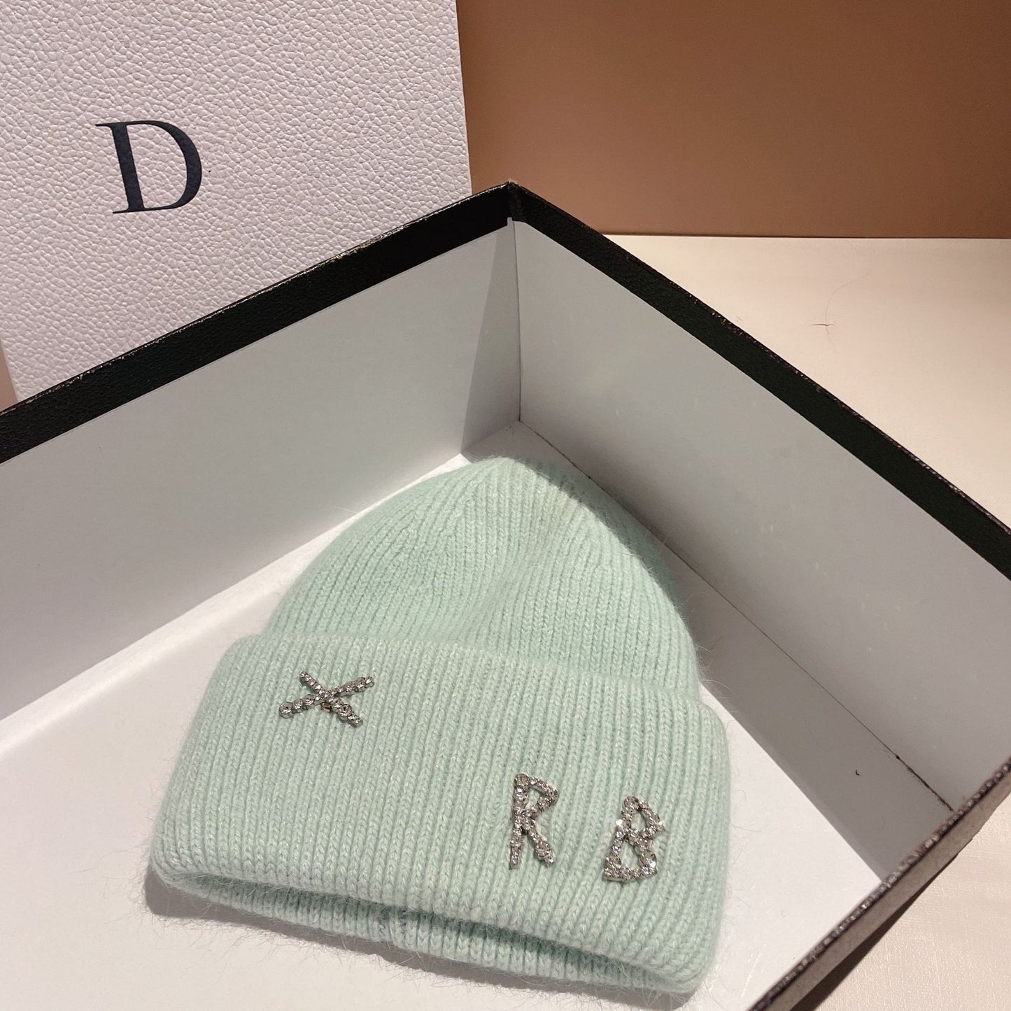 Winter RB Letter Fashion Rabbit Fur Knitted Warm Beanie Hat