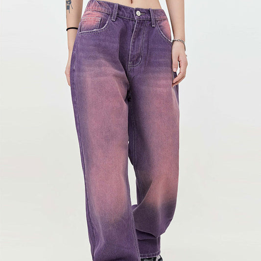 Street Washed Distressed Leg White Purple Color Jeans