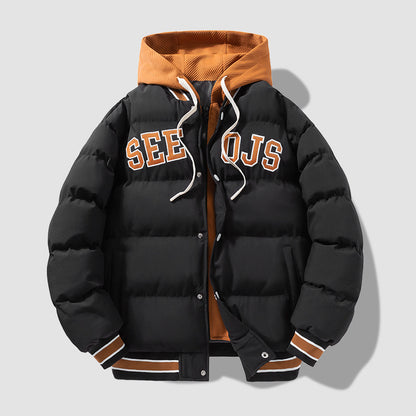 Fashion Letter Hooded Cotton Winter Warm Solid Zipper Jacket For Men