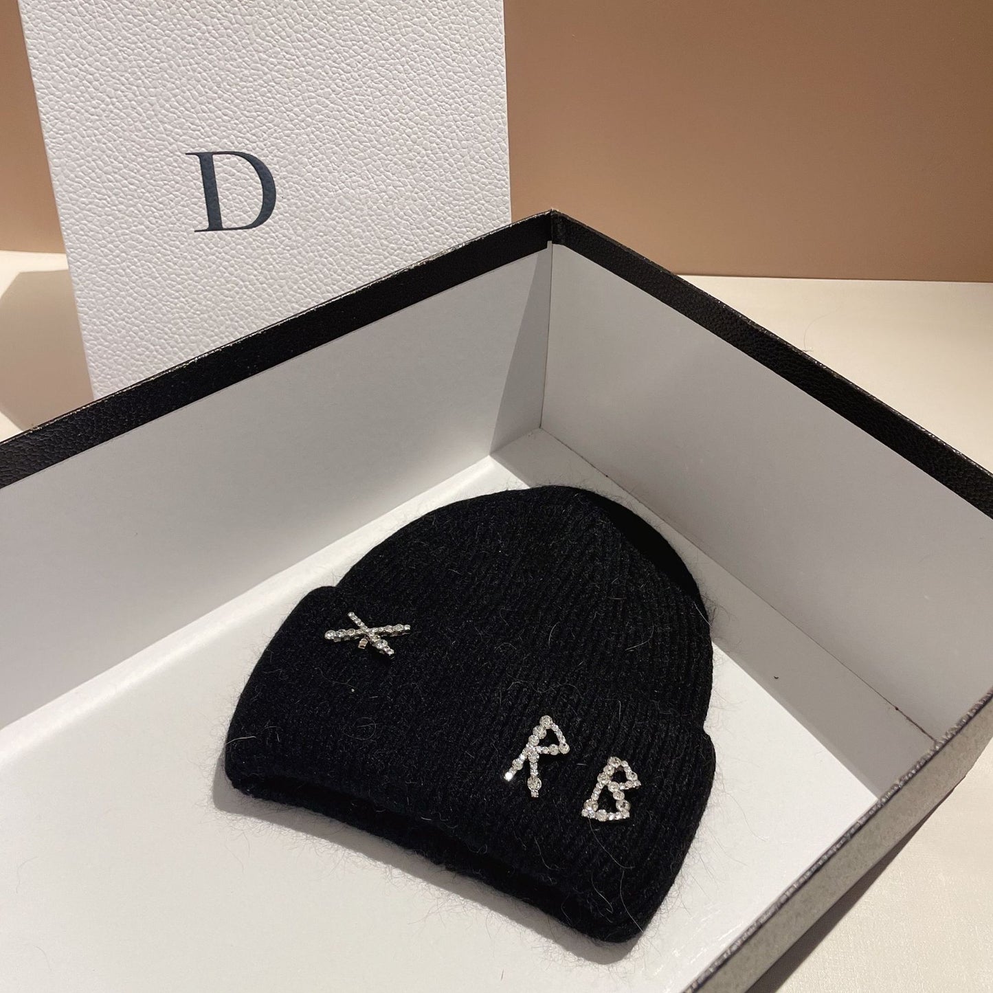 Winter RB Letter Fashion Rabbit Fur Knitted Warm Beanie Hat