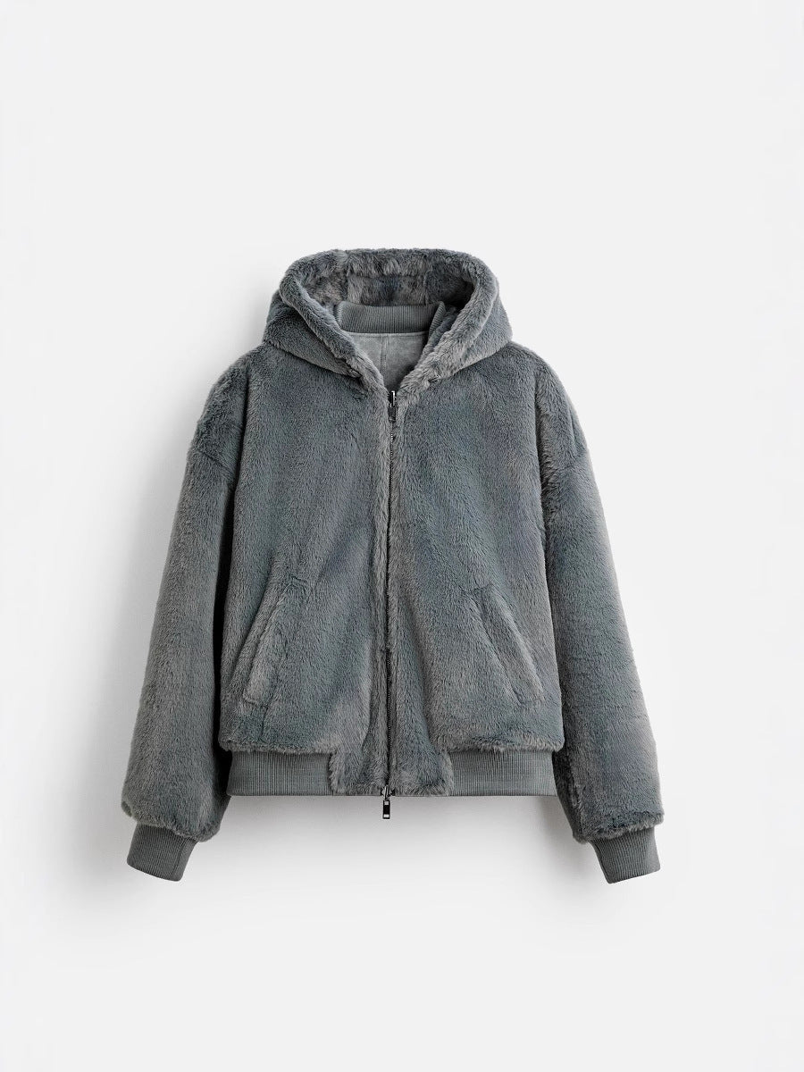 Reverseable Faux Leather Hooded Bomber Jacket