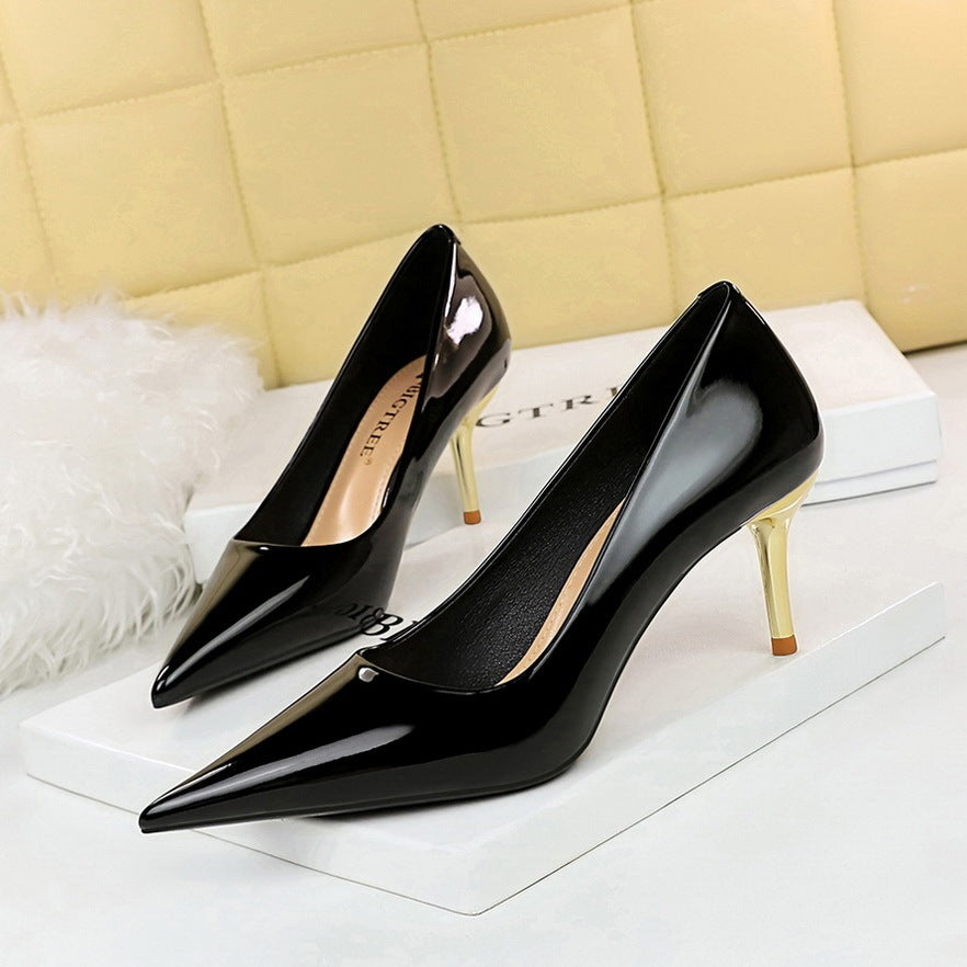 High Heeled Shallow Pointed Shiny Patent Leather Women's Single Shoes