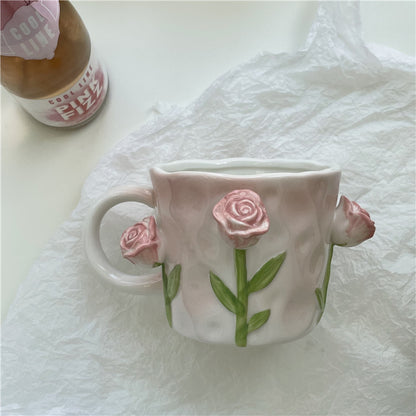 Girls' Heart Hand-painted Three-dimensional Tulip Rose Ceramic Mug