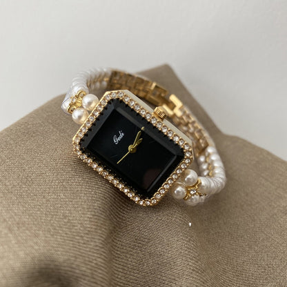 Silver Black Square Pearl Bracelet Watch