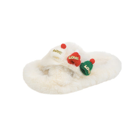 Christmas Hat Fluffy Women's Warm Toe Covering Cotton Slippers