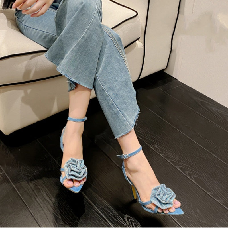 Pointed Toe Rhinestone Flower Strap Stiletto Heels