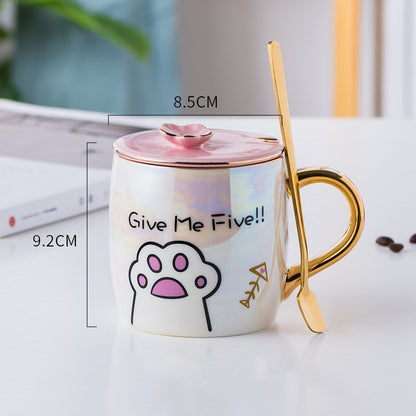 Cat High Paw Ceramics Mug With Lid and Spoon Mug