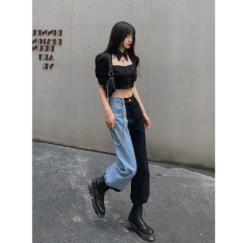 Black and Blue color block high rise split jeans