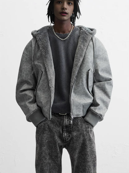 Reverseable Faux Leather Hooded Bomber Jacket