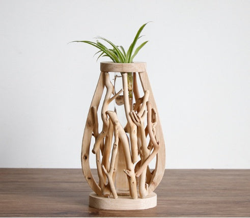 Pure Handwork Wooden Vase Decorated Solid Wood Flower Pot For Creative Glass Floral