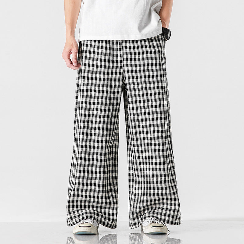 chinese Style Cotton And Linen Plaid Baggy Pants