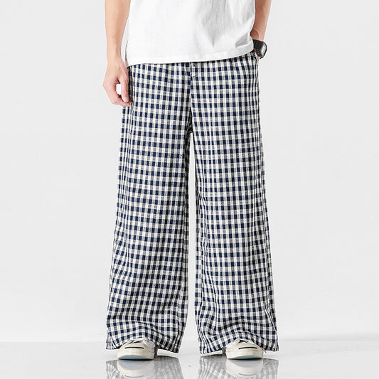 chinese Style Cotton And Linen Plaid Baggy Pants