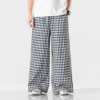 chinese Style Cotton And Linen Plaid Baggy Pants