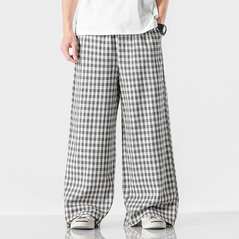 chinese Style Cotton And Linen Plaid Baggy Pants
