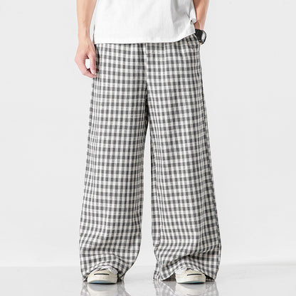 chinese Style Cotton And Linen Plaid Baggy Pants