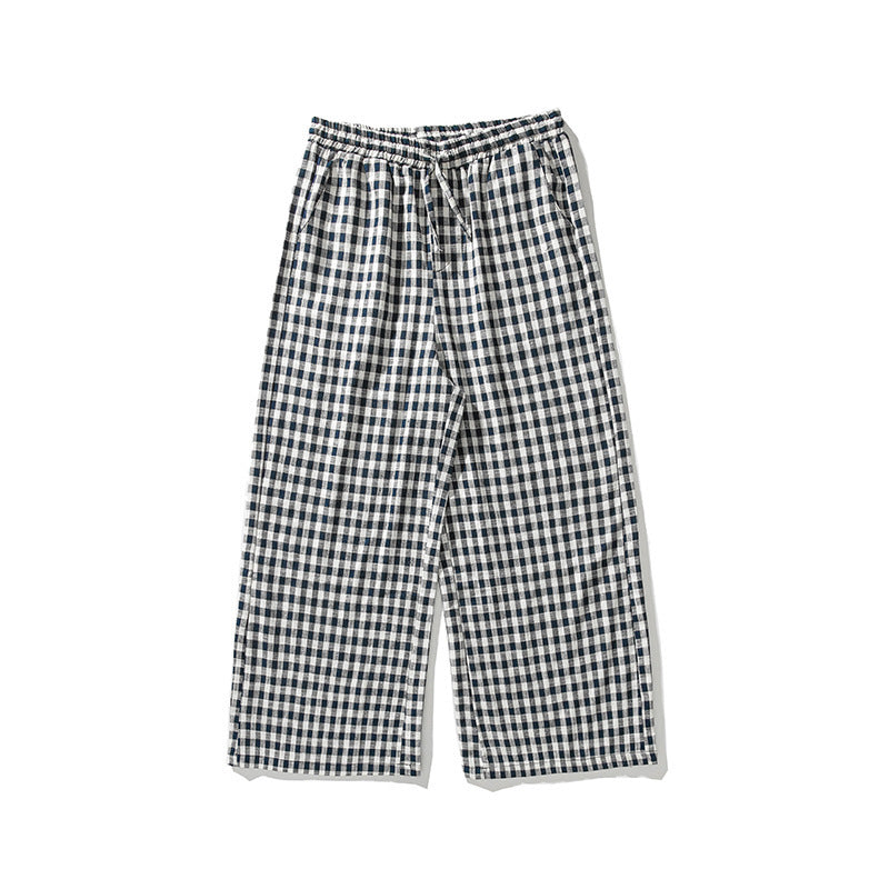 chinese Style Cotton And Linen Plaid Baggy Pants