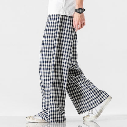 chinese Style Cotton And Linen Plaid Baggy Pants