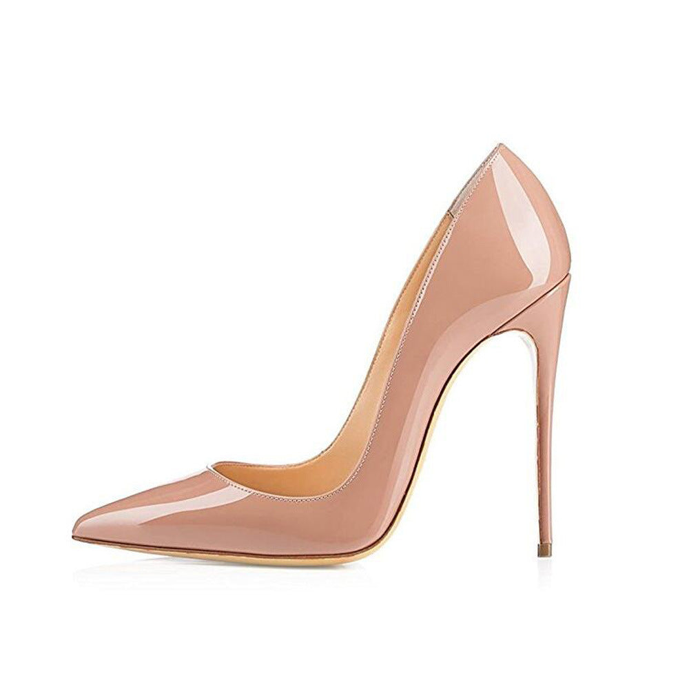 Pointed Toe Nude Color Patent Leather High Heels Women