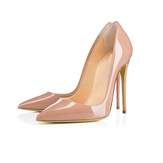 Pointed Toe Nude Color Patent Leather High Heels Women