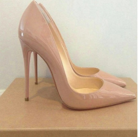 Pointed Toe Nude Color Patent Leather High Heels Women