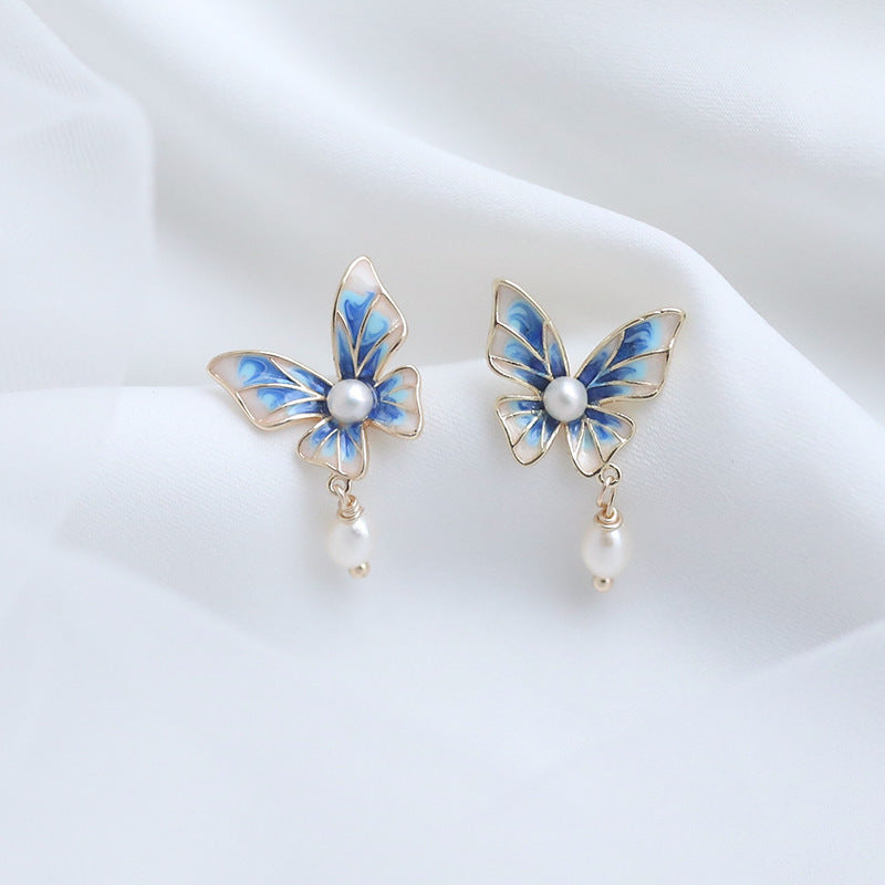 Blue Gradient Butterfly Natural Pearl Earrings