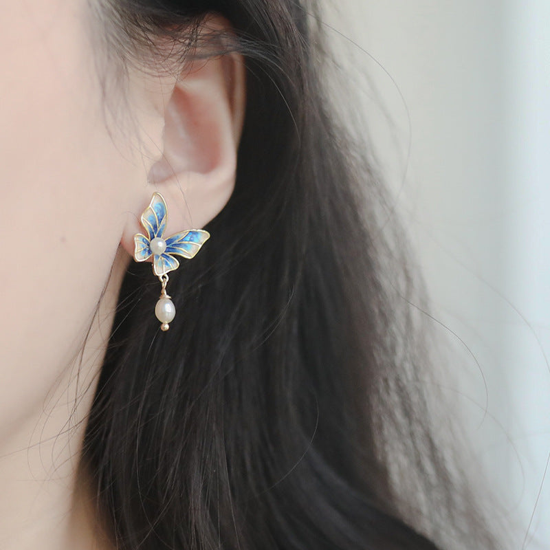 Blue Gradient Butterfly Natural Pearl Earrings