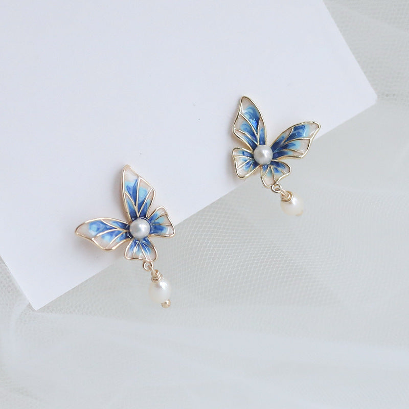 Blue Gradient Butterfly Natural Pearl Earrings