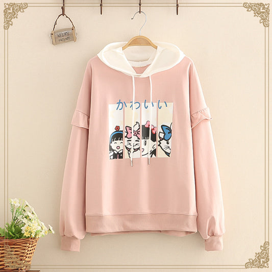 Ruffles Patchwork Cartoon Print Casual Cotton Hoodie