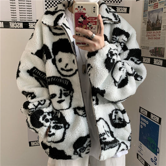 WAKUTA Winter Wool Female Street Wear Chic Cute Funny Print Jacket