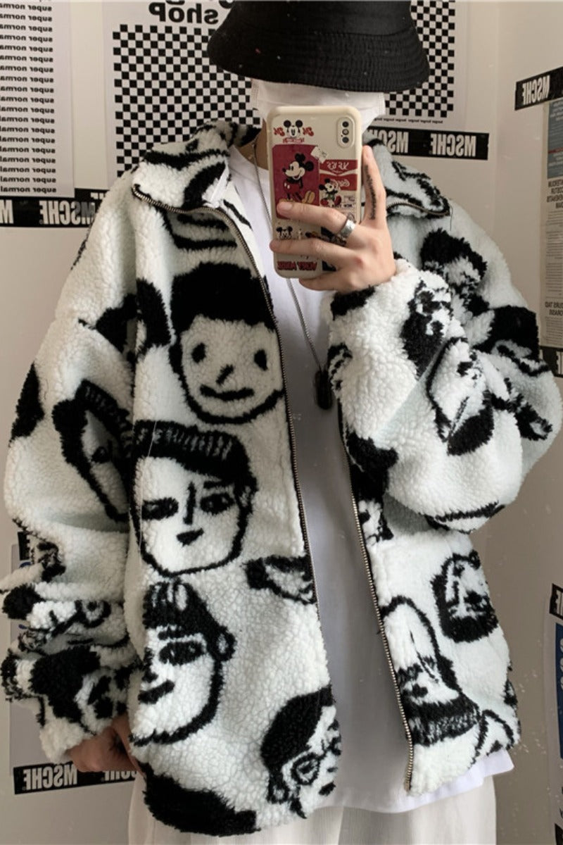 WAKUTA Winter Wool Female Street Wear Chic Cute Funny Print Jacket