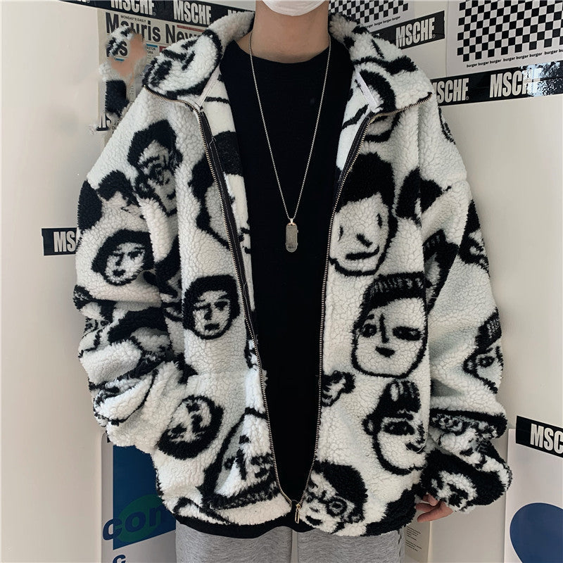 WAKUTA Winter Wool Female Street Wear Chic Cute Funny Print Jacket