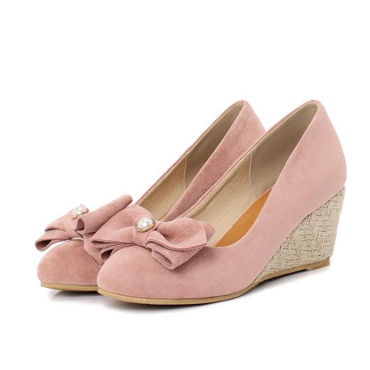 Bowknot Beige Shoes Pink Women'S Shoes High-Heeled Single Wedge Shoes