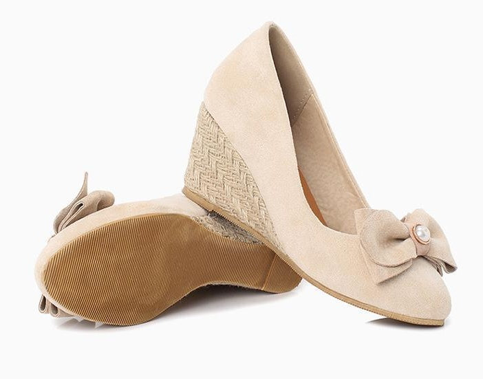 Bowknot Beige Shoes Pink Women'S Shoes High-Heeled Single Wedge Shoes