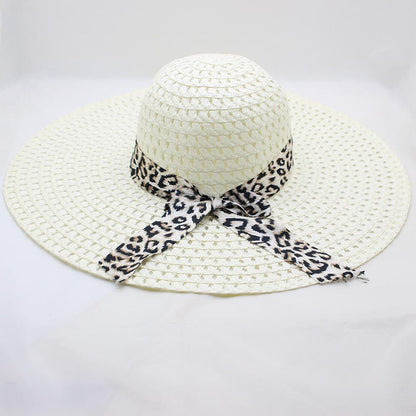 Women's Large-brimmed Beach Hat With Bow And Streamer Straw
