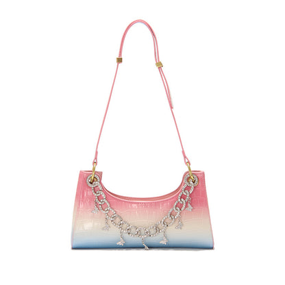 Rainbow Baguette Croc Froggy Gradient Women Shoulder Bags New Fashion Handbag Pearl Chain Diamond Metal Female Bag Summer