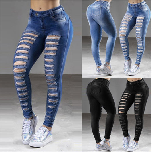 Street Cotton Denim Dark High Waist Blue Jeans