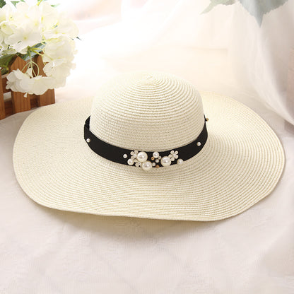 Big Brimmed Beach Sunscreen Foldable Straw Hat With Pearl Rivets