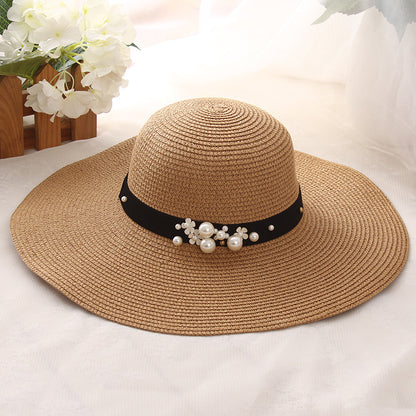 Big Brimmed Beach Sunscreen Foldable Straw Hat With Pearl Rivets