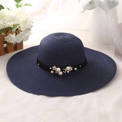 Big Brimmed Beach Sunscreen Foldable Straw Hat With Pearl Rivets