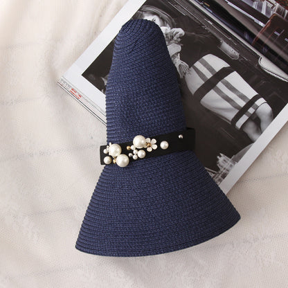 Big Brimmed Beach Sunscreen Foldable Straw Hat With Pearl Rivets