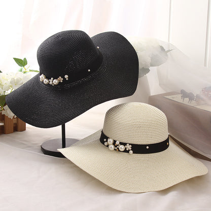 Big Brimmed Beach Sunscreen Foldable Straw Hat With Pearl Rivets
