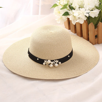Big Brimmed Beach Sunscreen Foldable Straw Hat With Pearl Rivets