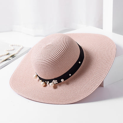 Big Brimmed Beach Sunscreen Foldable Straw Hat With Pearl Rivets