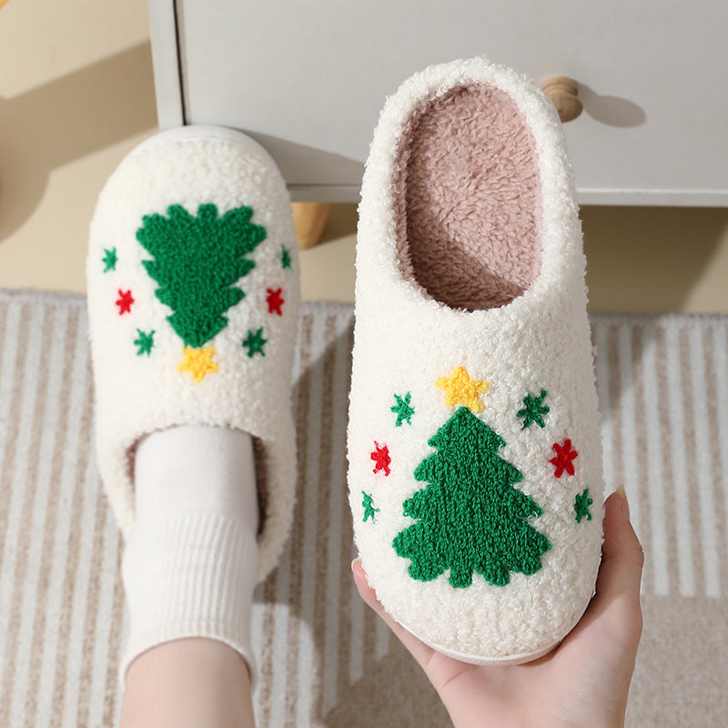 Christmas Santa Claus Cotton Slippers For Women And Men Winter Warm Furry