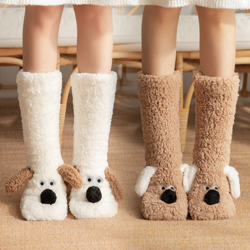Cute Cartoon Dog Floor Winter Warm Non-slip Plush Socks For Women